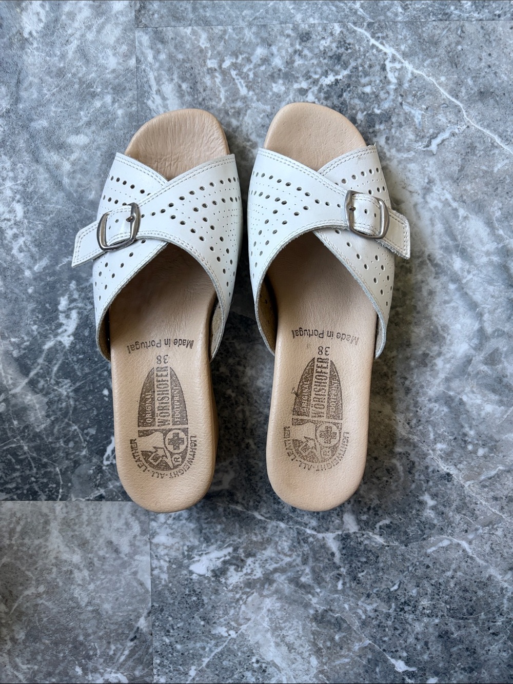 WORISHOFER White Perforated Crossover Buckle Slide Sandals size 38